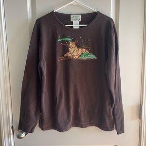 Elegant Brown Long Sleeve Tee with Tiger Design